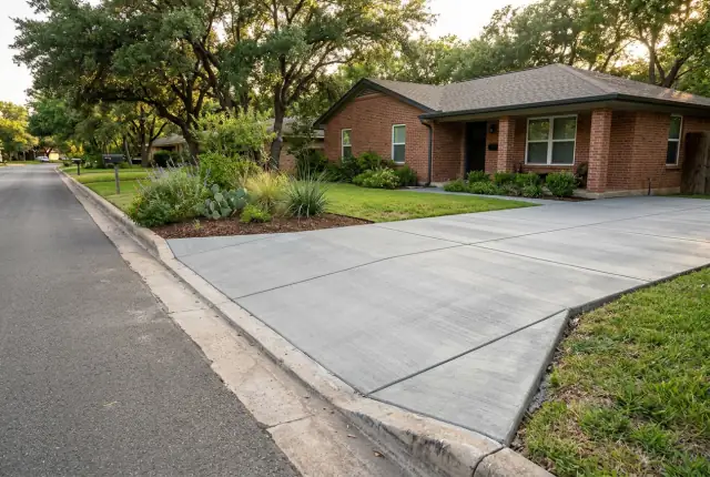 A wide gray driveway with clean saw cut joints beside a brick house and a green lawn